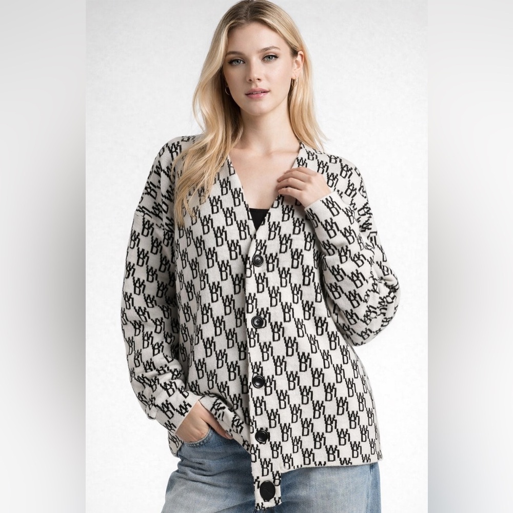 WE11DONE One Size Logo Knit Cardigan Wool Cashmere Authentic Black/ivory